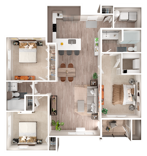 Floor plan for 3 beds, 2 baths, 1241 sqft